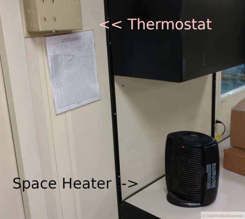 Dumbass engineers had a space heater blowing onto the thermostat resulting in a freezing office. 
