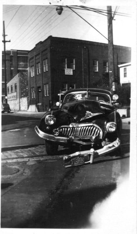 Crashed Car in the early 1950's. Stiles and Orthodox streets, Philadelphia, PA