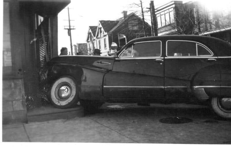 Car crashed into a candy store in the early 1950's. Stiles and Orthodox streets, Philadelphia, PA